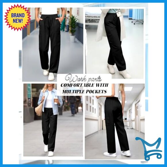 Women's Straight Leg Scrub Pants 2 Pack Lightweight Mid Rise 4 Pockets - Picture 3 of 7